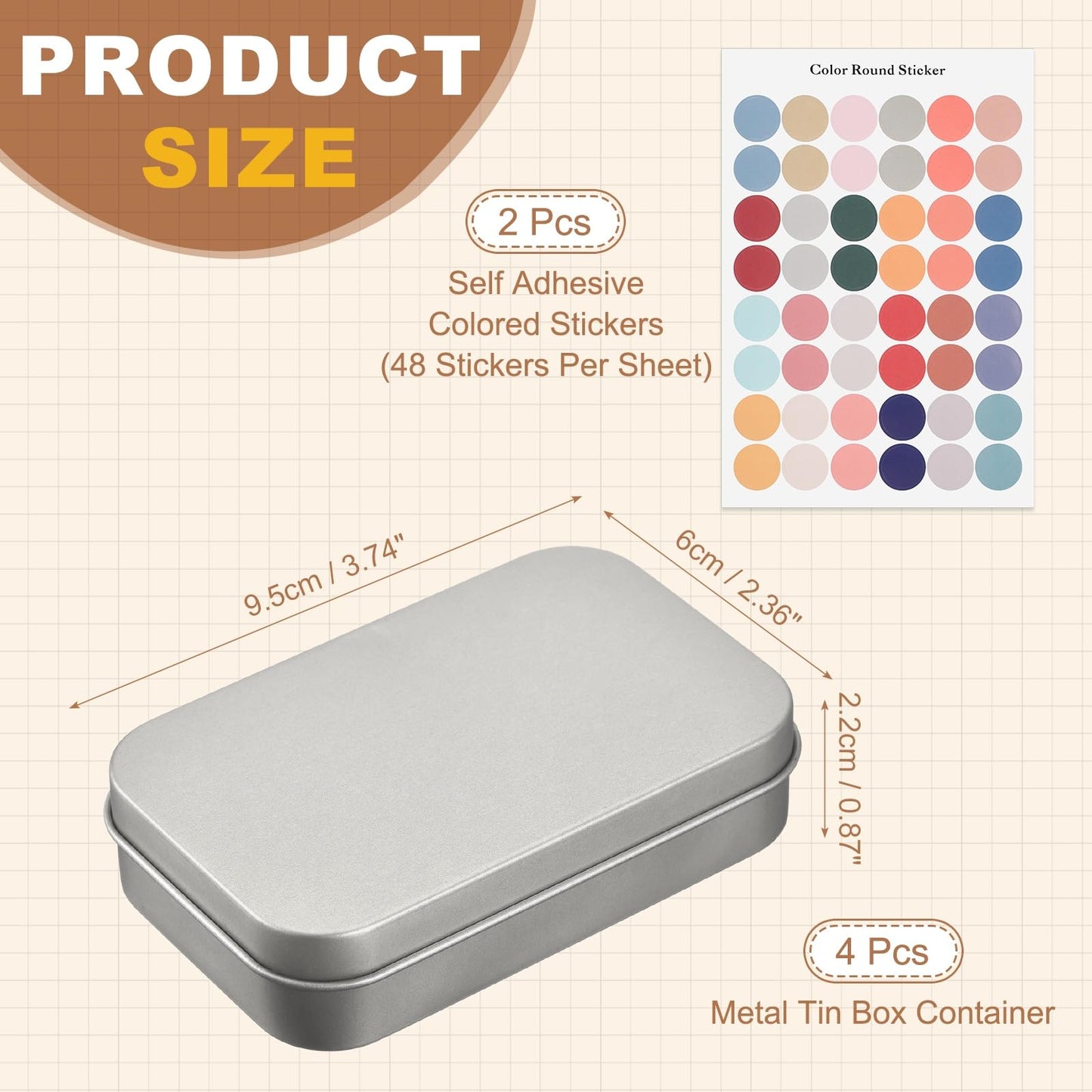 sourcing map 4Pcs Metal Tin Box Container, 3.7x2.4x0.9 Rectangular Empty Box with Self Adhesive Colored Stickers