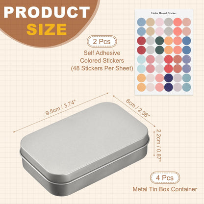 sourcing map 4Pcs Metal Tin Box Container, 3.7x2.4x0.9 Rectangular Empty Box with Self Adhesive Colored Stickers