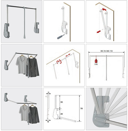 Decoranddecor Adjustable Pull Down Wardrobe Rail, 750mm-1150mm, 15kg Capacity Clothes Rail with Soft Close, Hanging Rail for Sliding and Hinged