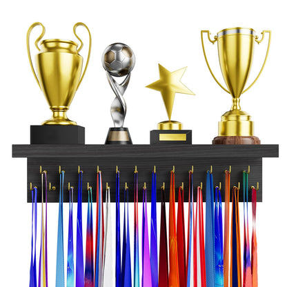 DSVENROLY Medal Holder Trophy Shelf Organizer, 25 Golden Hooks, Retro Grey