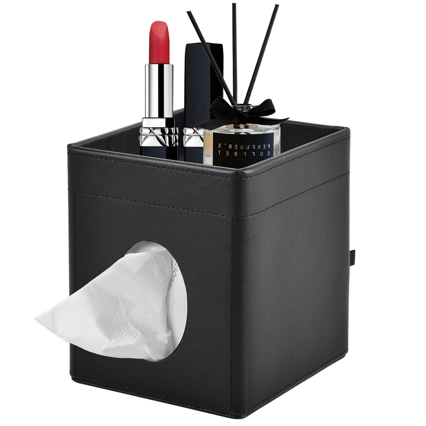 XNONE Tissue Box Cover,PU Leather Square Tissue Box Holder with Storage Tray for Bathroom Vanity Countertop Night Stands Bedroom Office Desk,Stylish