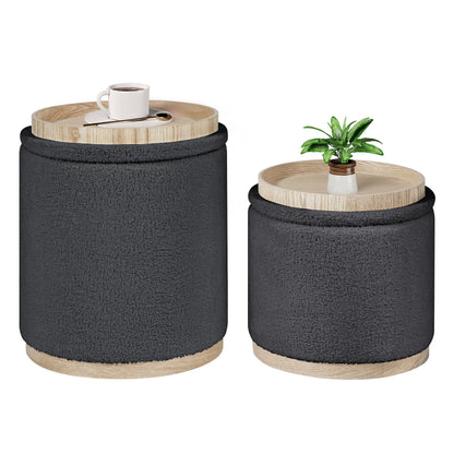 Bonlife Set of 2 Round Ottoman with Tray, Vanity Stool with Storage