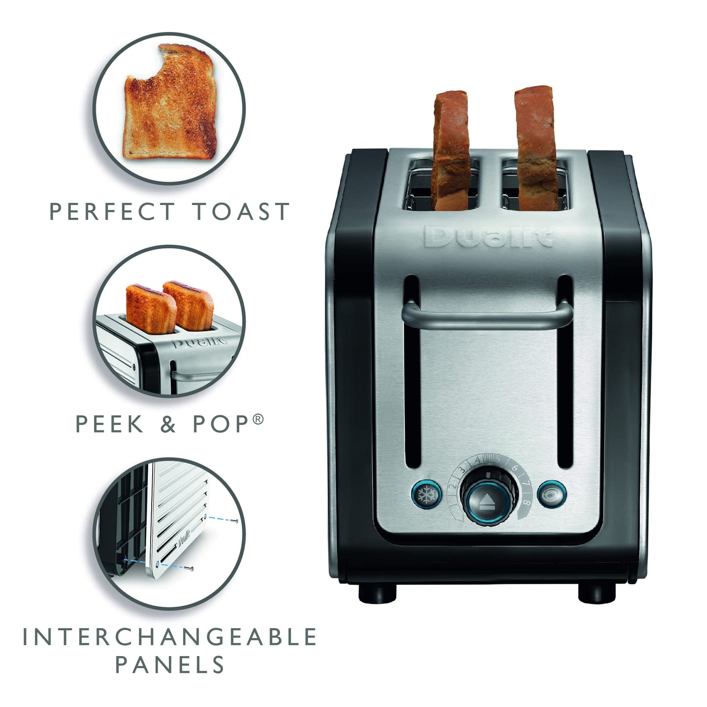 Dualit Architect 2 Slice Toaster | Brushed Stainless Steel with Black Trim | Extra-Wide Slots  Peek and Pop Function  Patented Perfect Toast