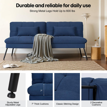 Panana Fabric 3 Seater Sofa Bed, 5-Gear Back Angle Adjustable Futon Sofa for Living Room/Guest Room (Blue)