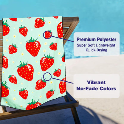 Violetpos Mint Green Strawberry Beach Towel, Extra Large 180x90 cm 250GSM Microfibre, Sand Free Quick Dry