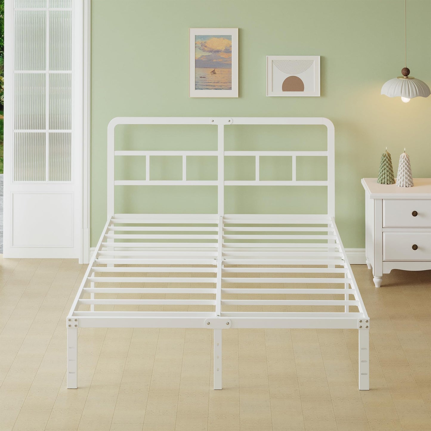 Lutown-Teen Super King Bed Frame 6ft with Curved Headboard, 36 cm High, Heavy Duty White Metal Bed Frames Super King Size 180x200 with Steel Slats,
