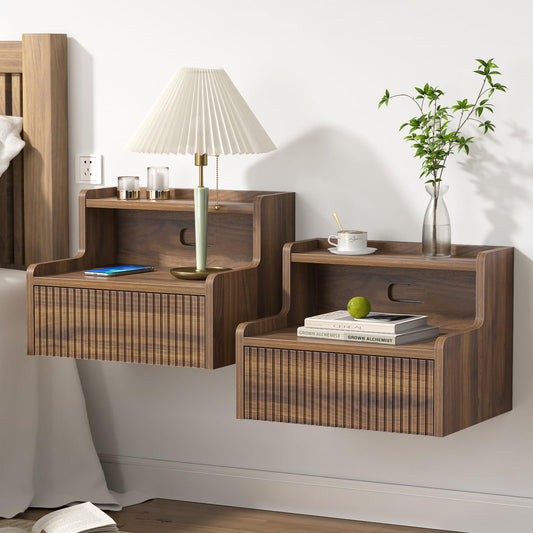 Yvsevnr Floating Bedside Table Set of 2 Wall Mounted Nightstand with Drawer and Open Shelf Fluted Side Tables Retro Bedside Cabinet for Bedroom,