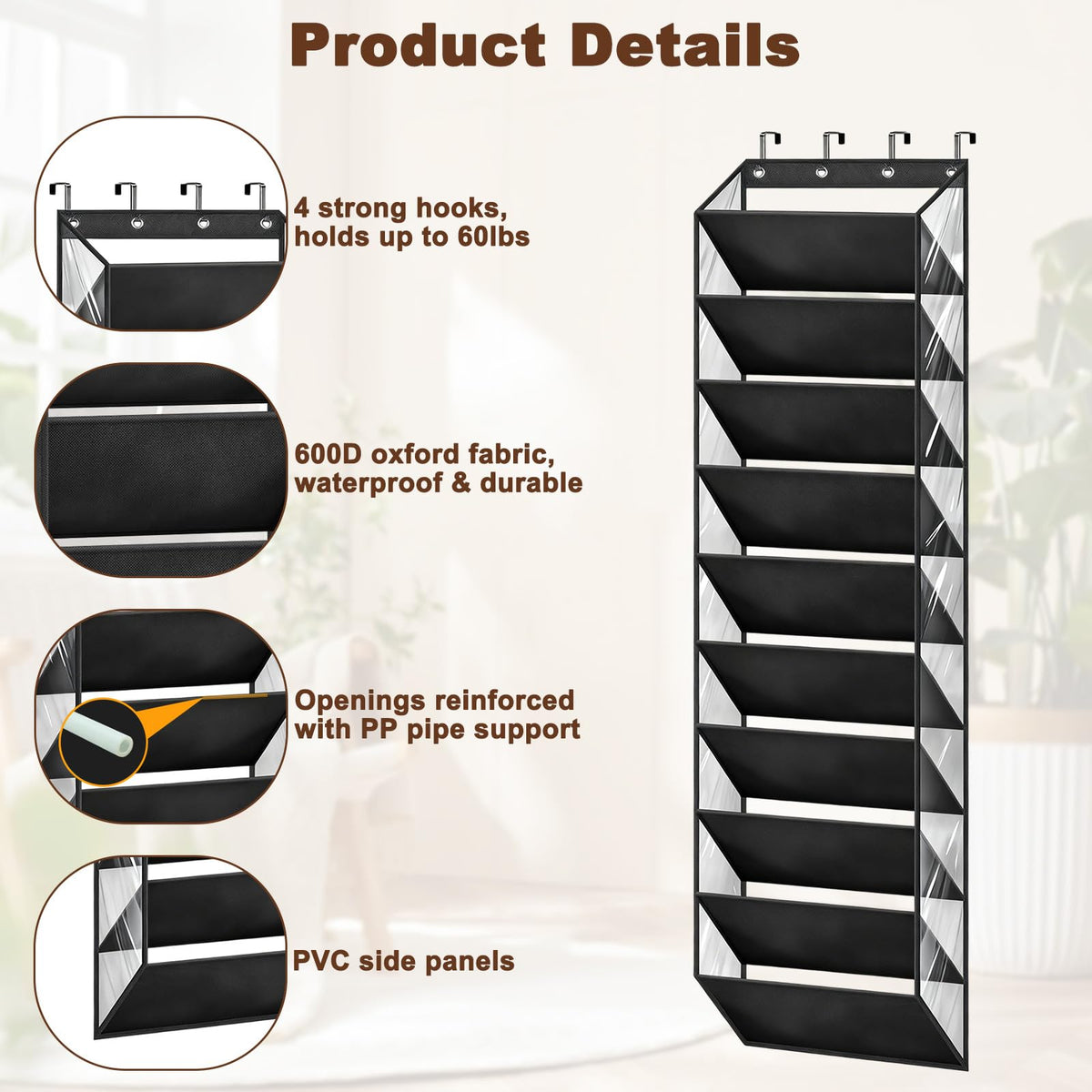 Over Door Shoe Storage with Deep Pockets & 4 Sturdy Metal Hooks, 10 Layers Hanging Boots Organiser, Overdoor Narrow Sneakers Holder