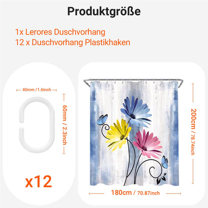 Shower Curtain, 180 x 200 cm, Blue Daisies Butterflies Motif, Weighted Hem, Anti-Mould, Water-Repellent