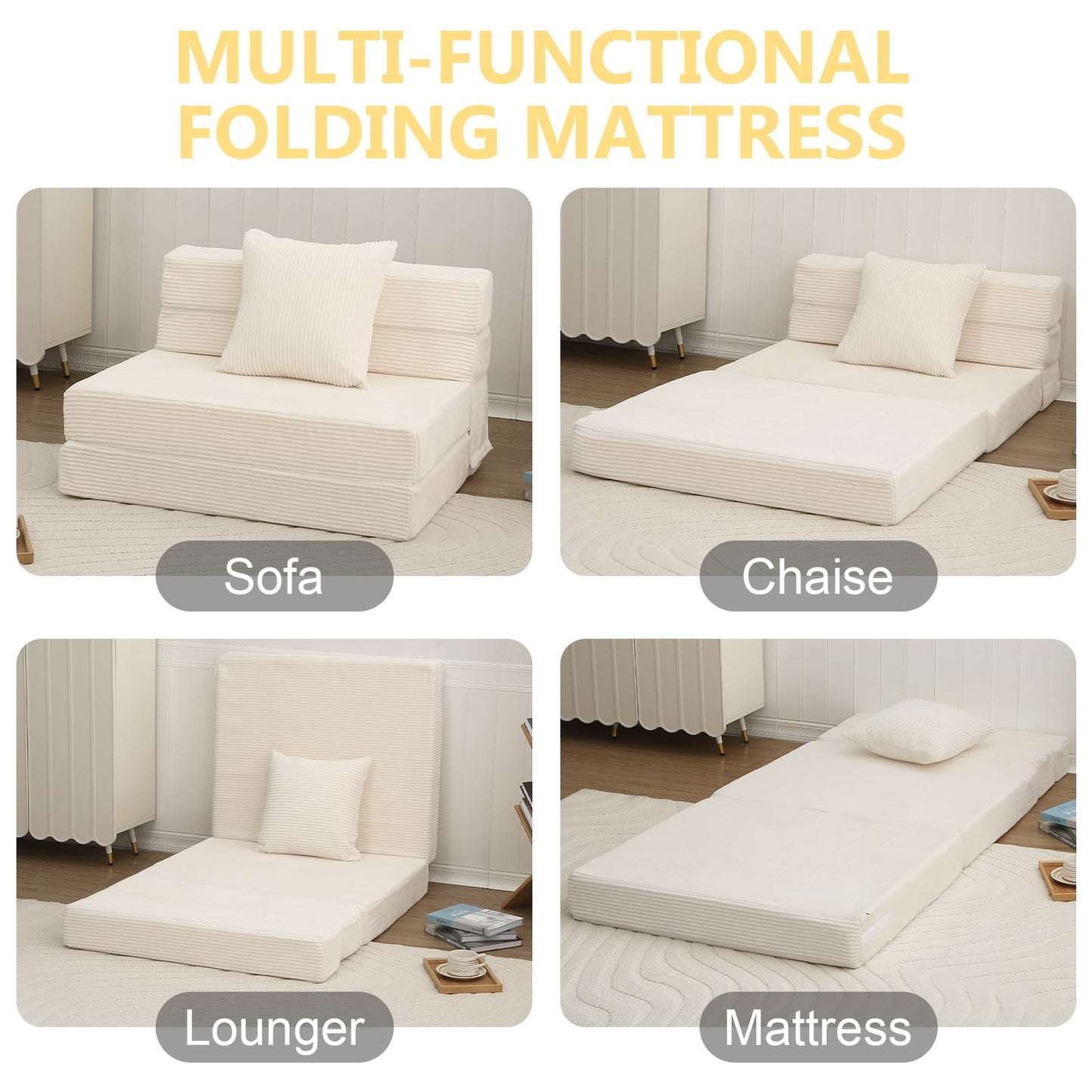 MeMoreCool Folding Mattress Single, Corduroy Fold Out Sofa Bed, Grey