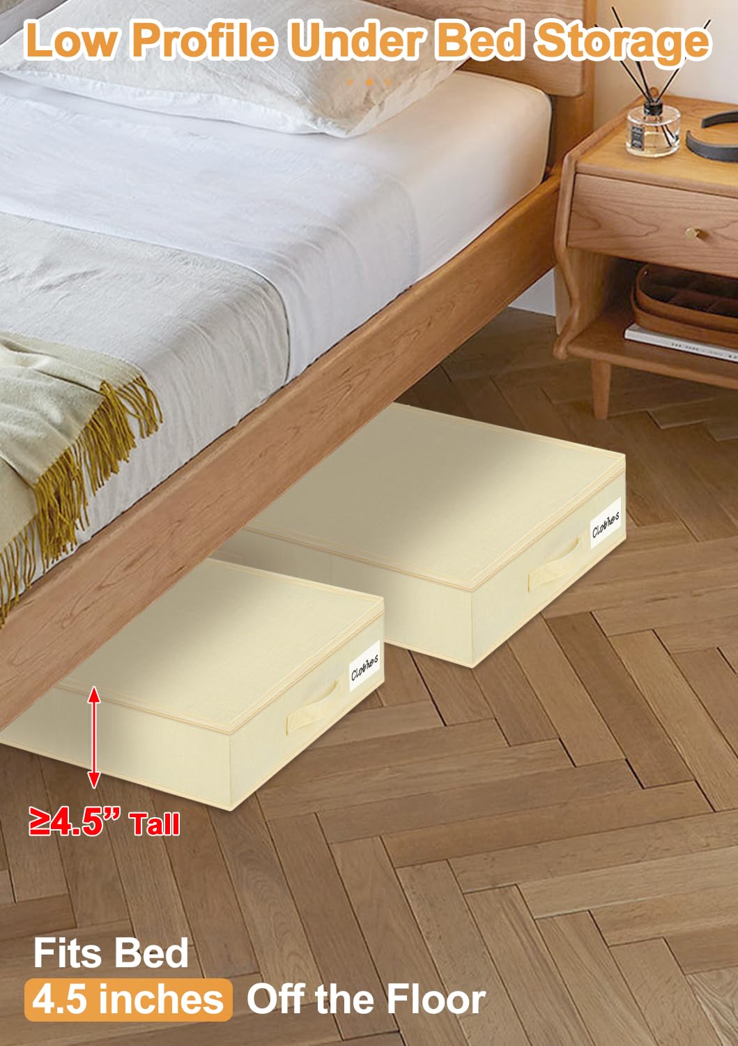 40L 12cm Slim Under Bed Storage Boxes with Zipped Lids, 2 Pack, Beige