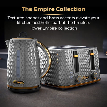 Tower T20061GRY Empire 4-Slice Toaster with Defrost/Reheat, Removable Crumb Trays, 1600W, Grey and Brass
