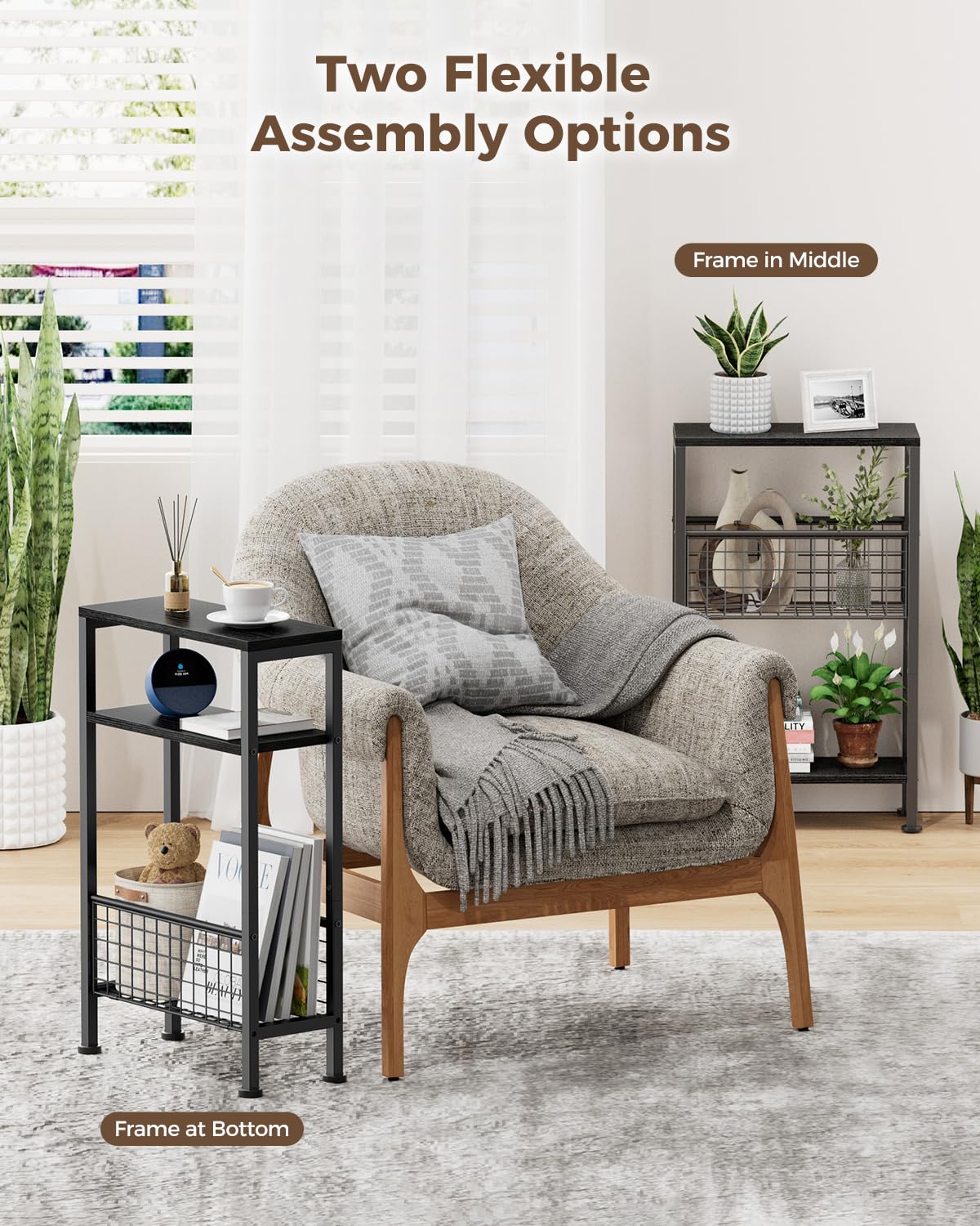 Yuede Narrow Side Table with Magazine Rack, 3-tier Slim Bedside Table, Small End Table for Living Room, Bedroom, MDF & Metal Frame (Black)