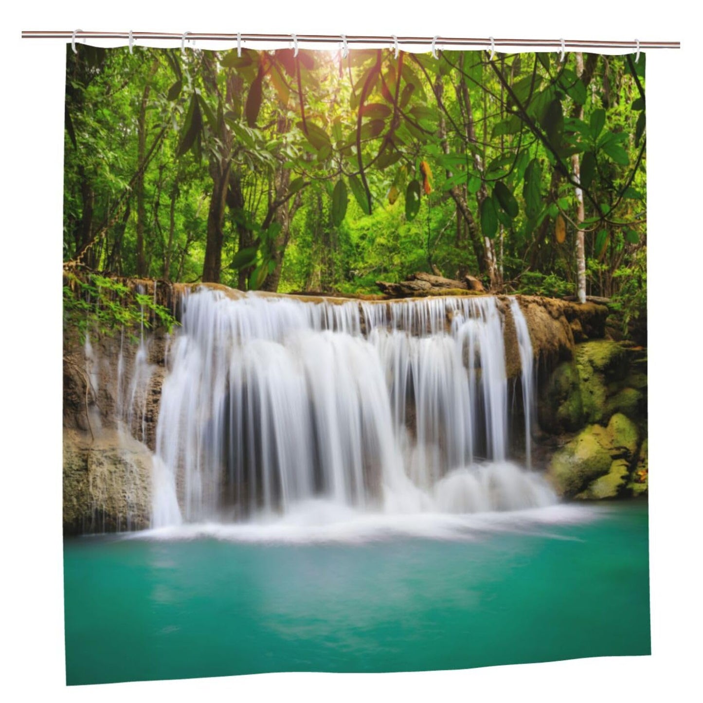 Green Lake Garden Shower Curtain, Summer Waterfall in Forest Woodland Nature Jungle Scenery Art Printing Bath Curtain, Waterproof Polyester Fabric