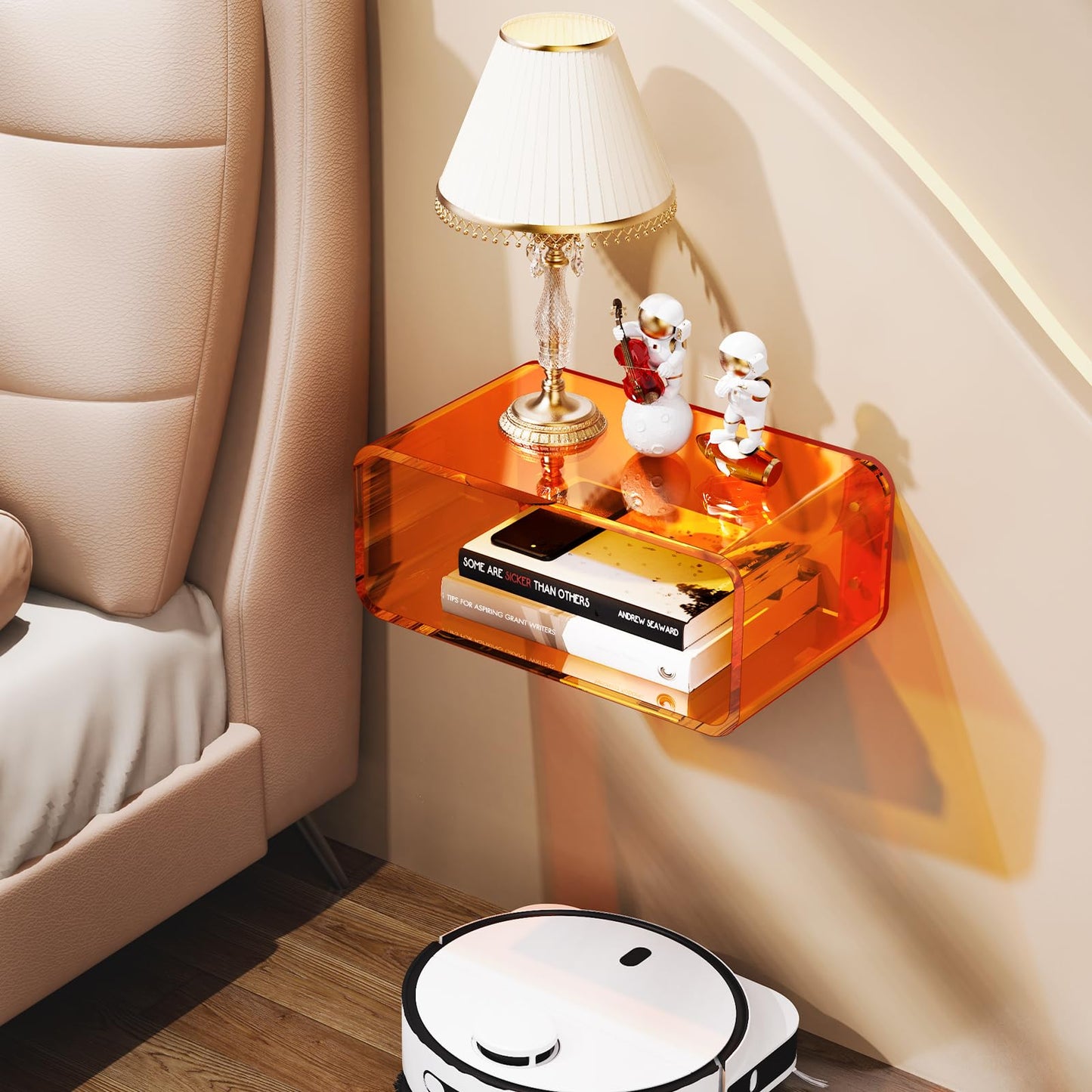 Dewrhiixe Acrylic Floating Bedside Table, Wall Mounted Nightstand Bedside Shelf (Orange, 41×24×17 cm)