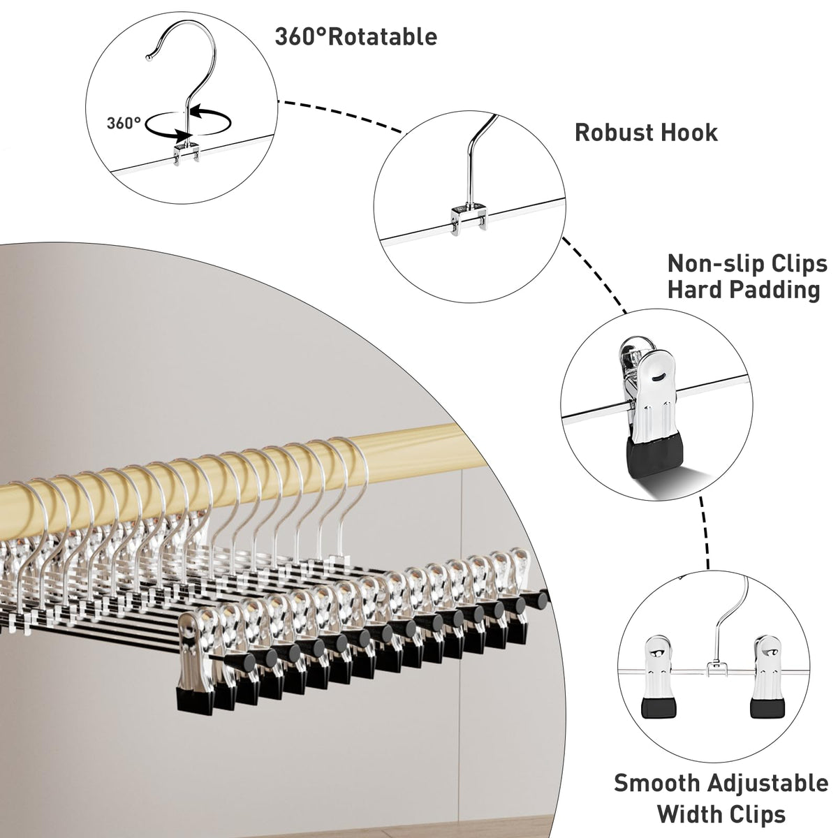 Trouser Hanger, WEIDMAX Pant Hangers 40 Pcs Space Saving Skirt Hangers with Clips Adjustable Non-Slip Coat Suit Skirt Hangers Heavy Duty Chrome