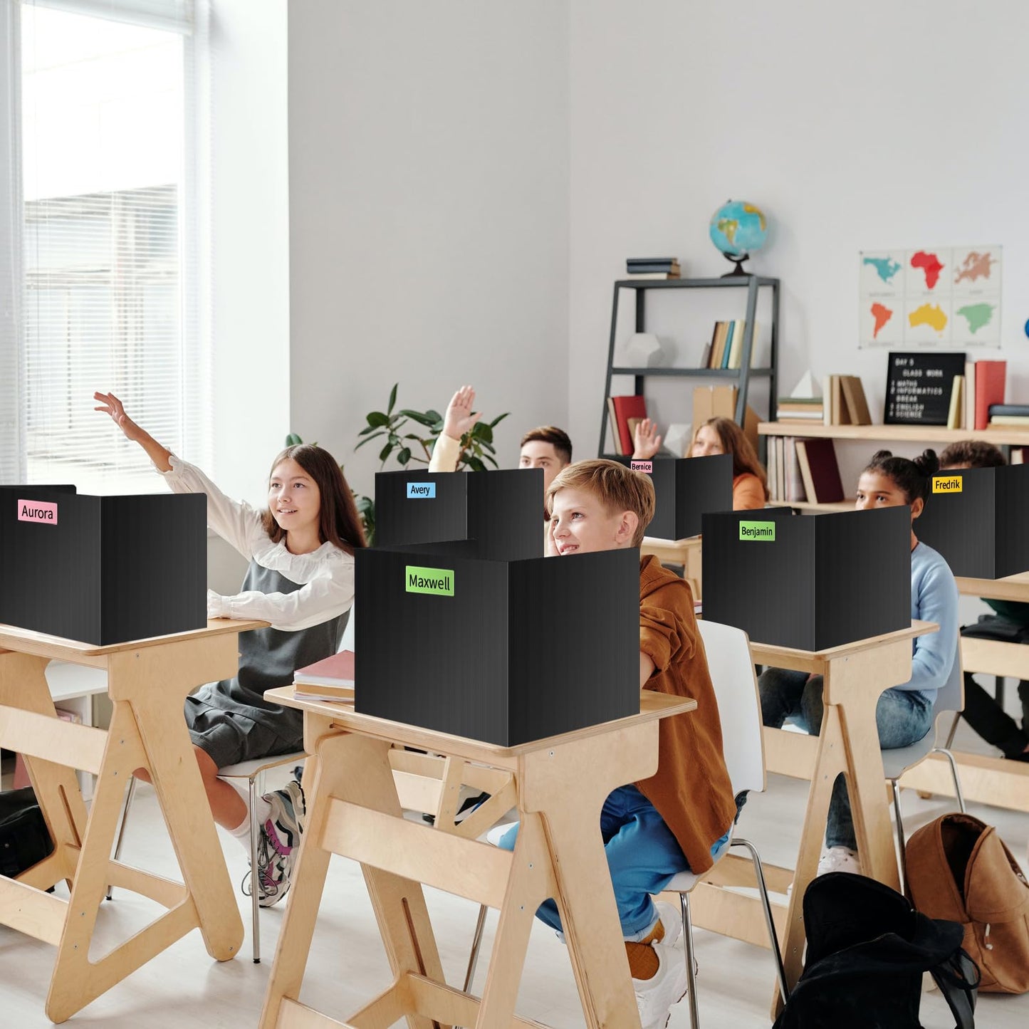 24 Pack Black Waterproof Privacy Shields for Student Desks, Privacy folders for Student Testing Desk dividers- Includes Extra Labels
