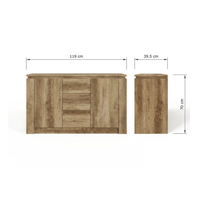 GFW Canyon Oak Sideboard Unit – 3 Drawers & 2 Door Storage Cabinet with Adjustable Shelves for Living Room, Kitchen or Bathroom, 119 x 39.5 x 70 cm