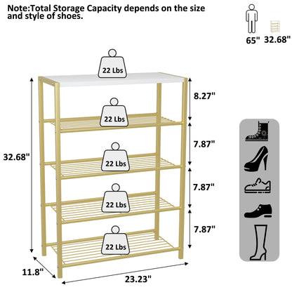 HOME BI 5-Tier Shoe Rack, Metal Shoe Storage Organizer, Modern Shoe Stand, Durable Shoe Shelf for Closet, Hallway, Entryway, Living Room,Gold