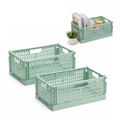 PIANKEKE 2 Pcs Collapsible Storage Box Green, Plastic Stackable Folding Storage Crates with Handles