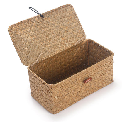 Seagrass Storage Baskets with Lid Natural Rattan Woven Rectangular Organizer Box (Small 26cmx14cmx11cm H)