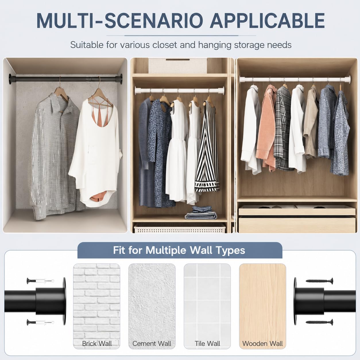 Wardrobe Rail, Heavy Duty Clothes Rod with End Sockets, Adjustable Hanging Rails for Clothes, Wardrobe and Bathroom, 68-90CM/Diameter 32MM, White