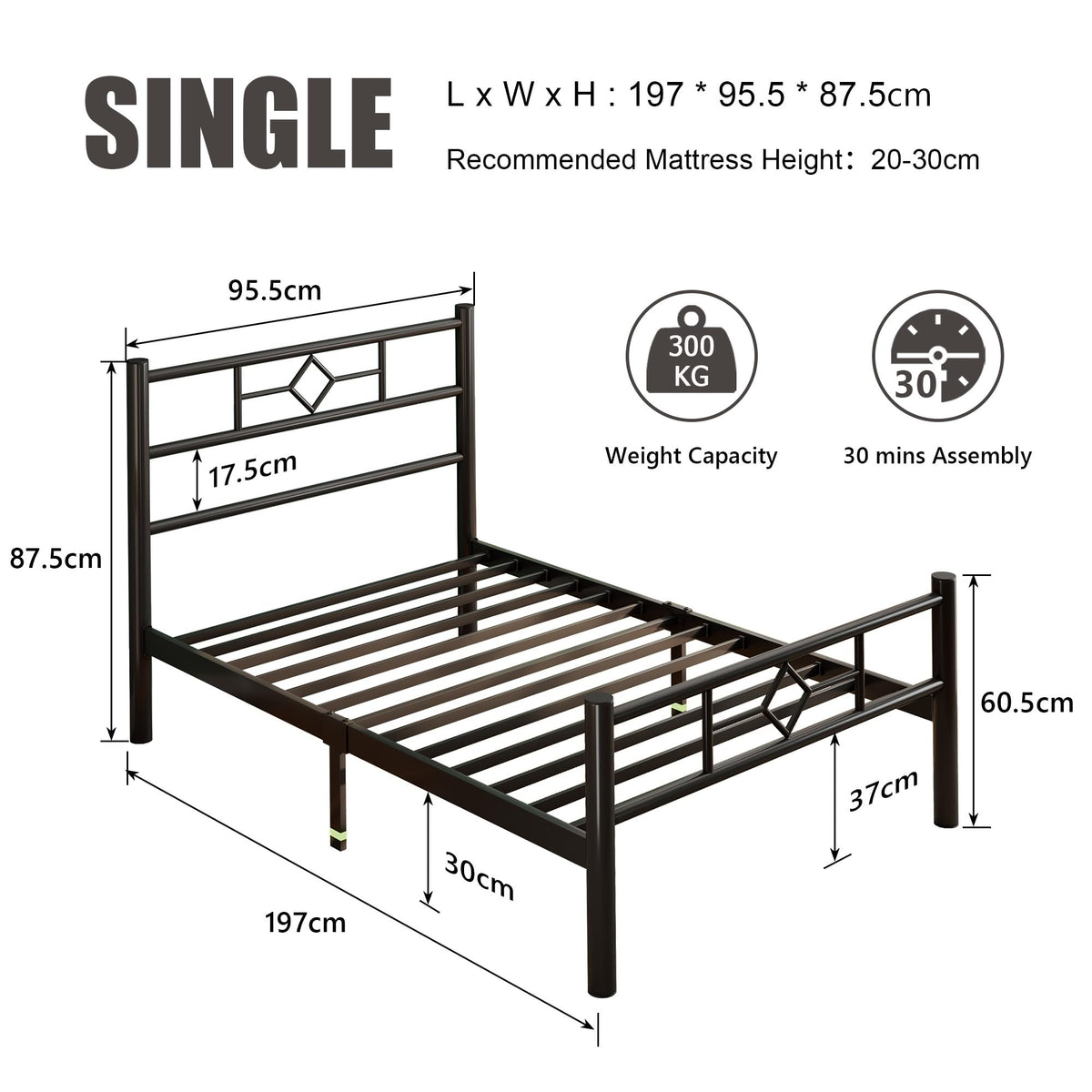 Feonase Single Bed Frame with Headboard and Footboard, Metal Platform Bed Frame Single with Underbed Storage, Solid Metal Slats Support