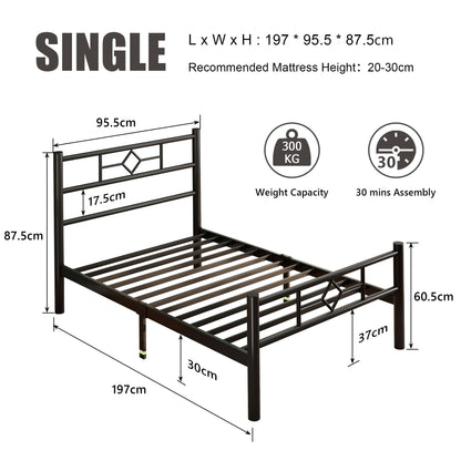 Feonase Single Bed Frame with Headboard and Footboard, Metal Platform Bed Frame Single with Underbed Storage, Solid Metal Slats Support