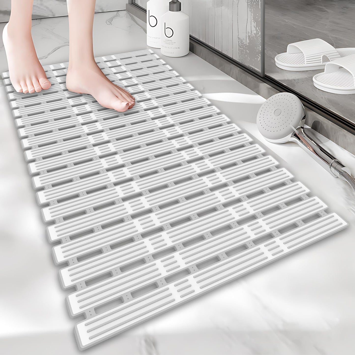 Onihan Shower Mat Non Slip Anti Mould,36?16 INCH Extra Long Bath Mat Non Slip for Shower and Bath,Rubber Nonslip Bathmat for DIY Cut,Machine