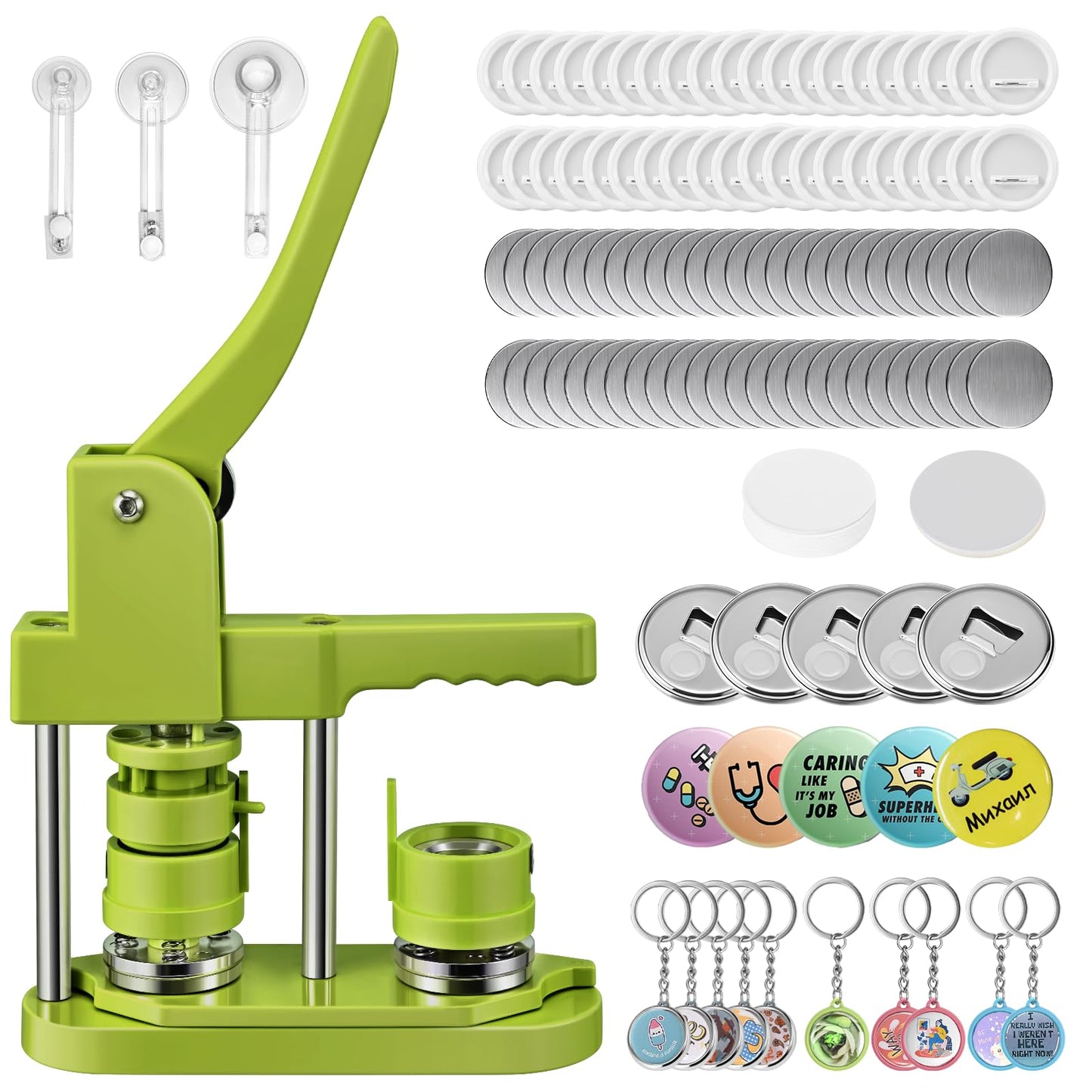 Badge Maker Button Machine Multiple Sizes DIY Pin Maker Badge Press Machine with 10 Bottle Opener, 10 Key Chain Suits, Molds & Round Paper Cutter