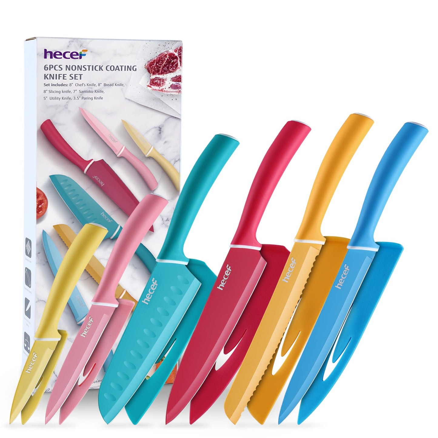 hecef Slice & Dice in Style 6 Pieces Kitchen Knife Set Premium Stainless Steel Non-Stick Multicolor Cooking Knives, Ergonomic Handle & Dishwasher Safe
