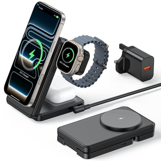 3 in 1 Magnetic Charging Station, 15W Fast Wireless Charger Compatible with MagSafe Charger Stand for iPhone 17 16 15 14 13 12, Apple Watch Charger &