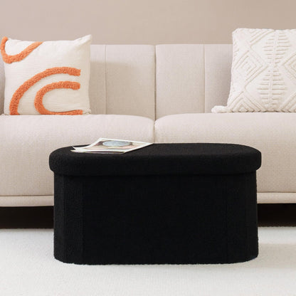 Bonlife Folding Ottoman Storage Bench,Boucle Footstool Oval, End of Bed Stool, Ideal for Living Room, Bedroom,76x38x38cm,Black