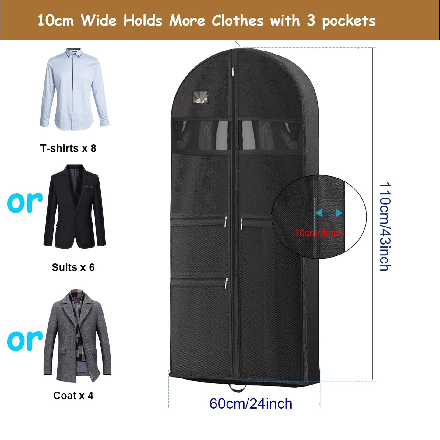 Suit Bag, URMI Heavy Duty 110 x 60 x 10 cm Dance Costume Bag Clothes Storage Protector Cover for Travel 10cm Gusseted Suit Carriers with 3 Pockets