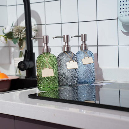 SDlumeiy 16 oz Diamond Pattern Glass Soap Dispenser, Kitchen and Bathroom Refillable Soap Dispenser with Rust Resistant Stainless Steel Pump for Hand