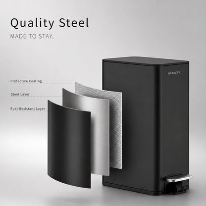 EverGrove 10L Slim Stainless Steel Bathroom Pedal Bin, Matte Black