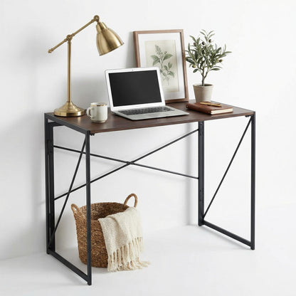 FurnitureR Folding Computer Desk,Industrial Style MDF Table Top Black Metal Frame,Space Saving For Small Apartment
