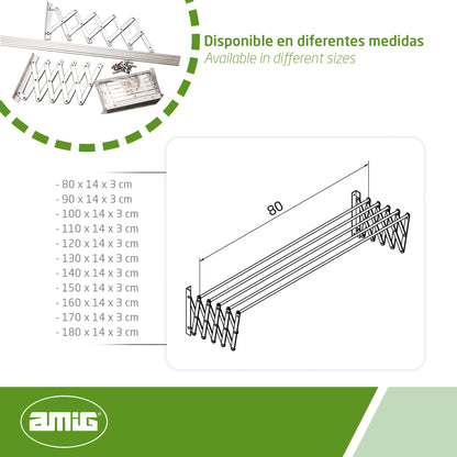 Amig - Wall Mounted Clothes Airer 80cm | Aluminium Drying Length | Extendable Clothes Line with 5 Bars | Dimensions: 80 x 14 x 3 cm | Foldable Clothes