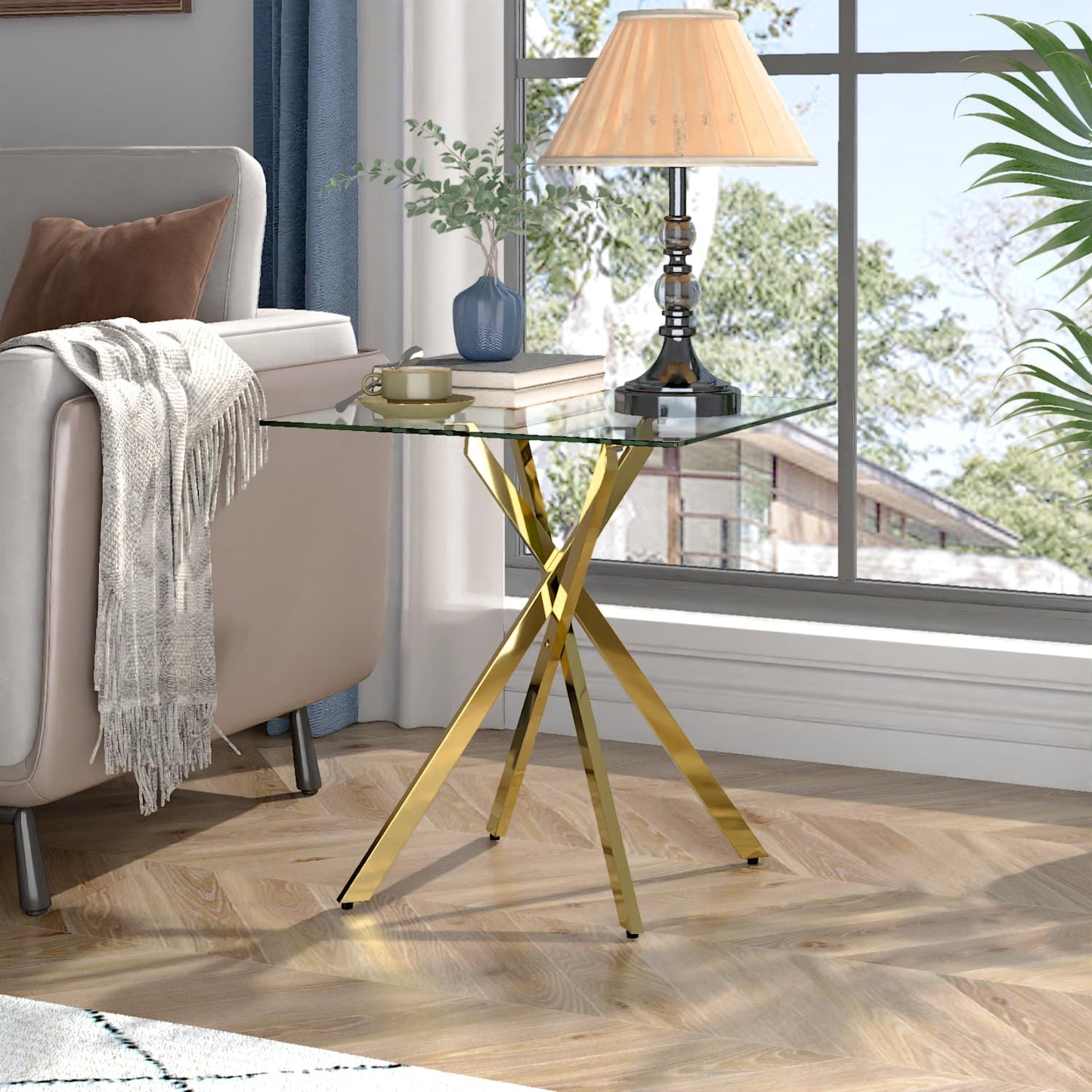 Small Glass Side Table with Gold Chrome Legs for Bedroom and Living Room