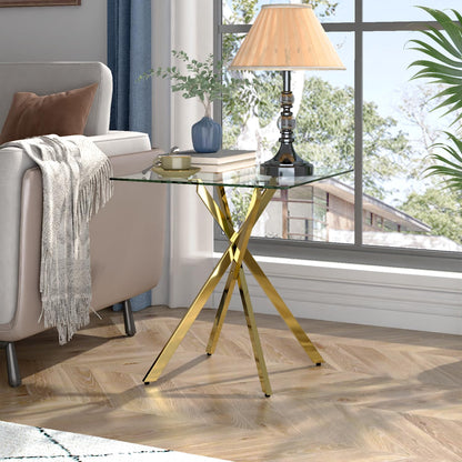 Small Glass Side Table with Gold Chrome Legs for Bedroom and Living Room