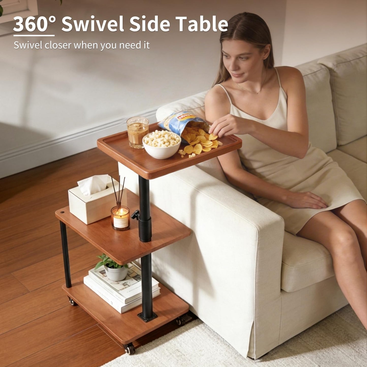 Bingyouth Side Table with Wheels, Adjustable Sofa Table with 360° Swivel Raised-Edge Top, 3 Tier Solid Wood Bedside Table for Living Room or Bedroom