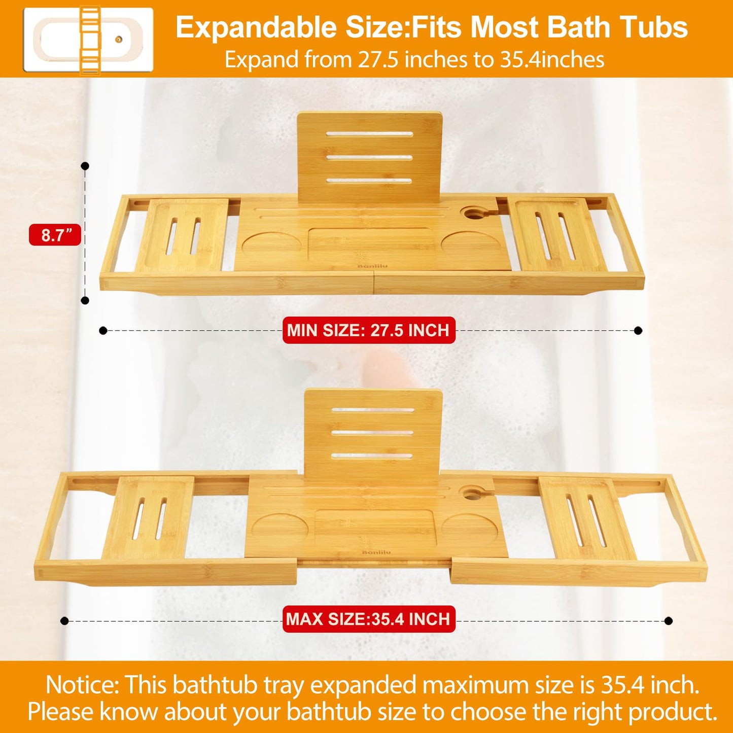 Bathtub Tray Caddy - Bath Tray - Bath Tub Tray Caddy - Bamboo Bath Tray for Tub - Expandable Size, Fits Most Tubs