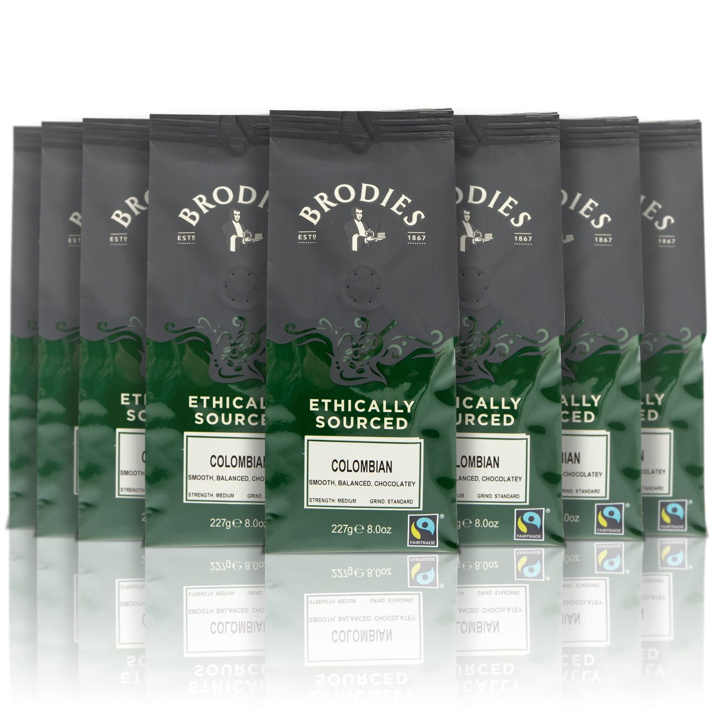 Brodies Ethically Sourced Artisan Ground Coffee - Colombian Fairtrade 100% Arabica smooth, balanced, chocolatey, medium Strength, standard Grind, Hand