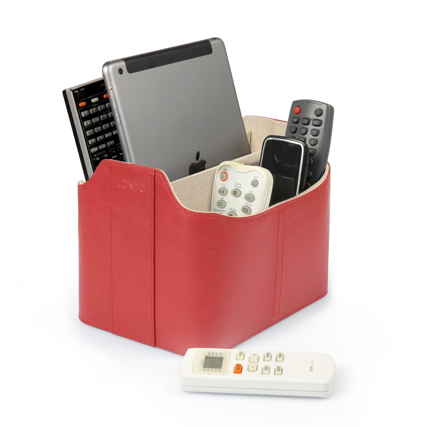 LONDO Leather Remote Control Organizer Caddy with Tablet Holder - 4 Pockets - Fits Apple TV, Roku, iPad