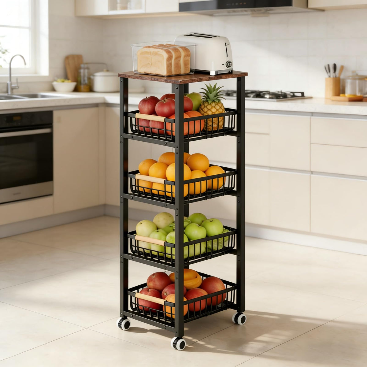 JSHNE Kitchen Trolley on Wheels, Vegetable Rack for Kitchen, Stackable Fruit Basket, 5 Tier Storage Trolley with Lockable Wheels