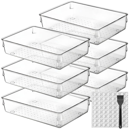 Desk Drawer Organiser, 6 Pack Large Kitchen Acrylic Drawer Storage Box Set Fridge Organiser Clear Plastic Dressing Table for Utensils Makeup Office