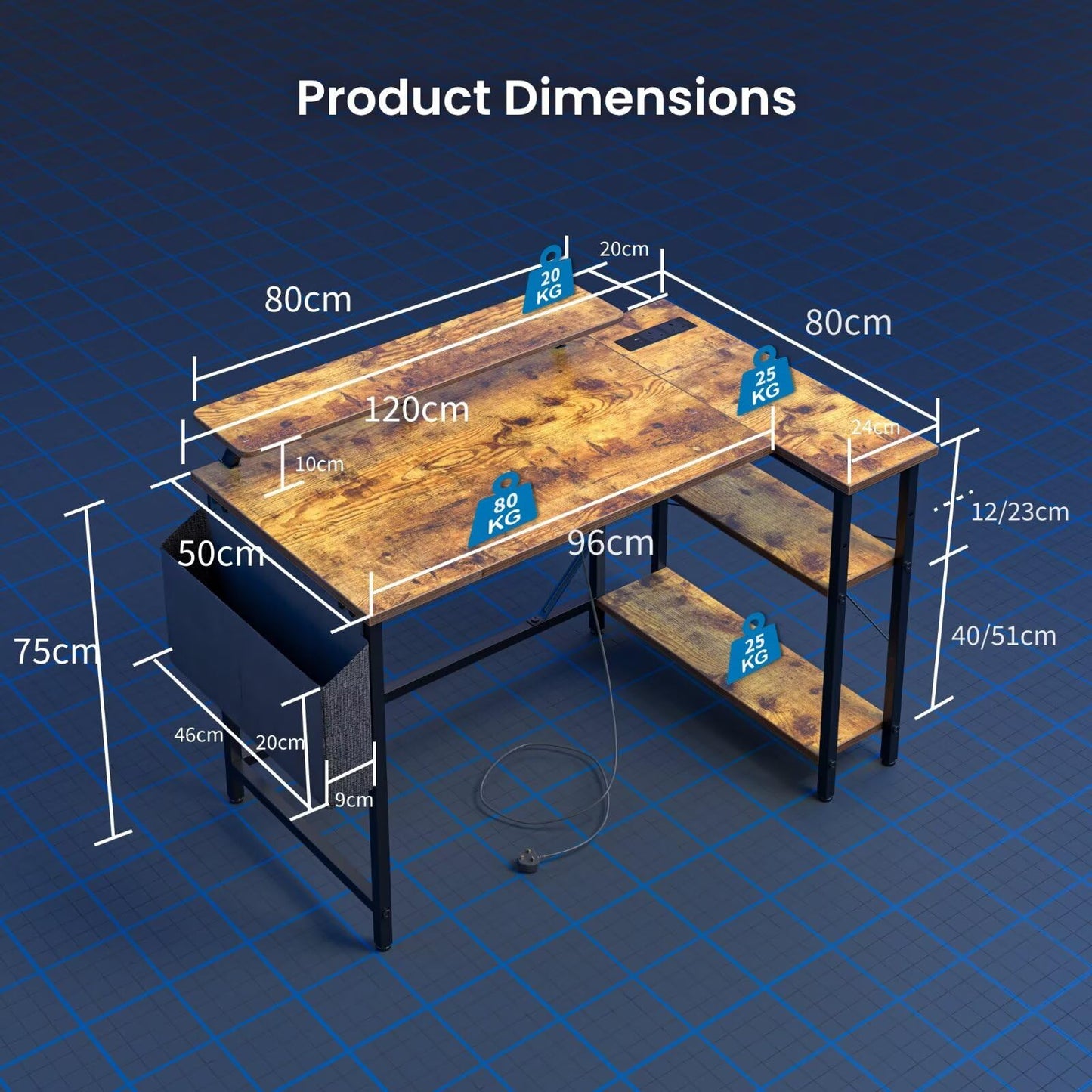 DOMSHOCT L Shaped Gaming Desk with LED Lights & Power Outlets, 120 * 80cm Corner Computer Table with Storage Bag & Adjustable Shelves & Large Monitor