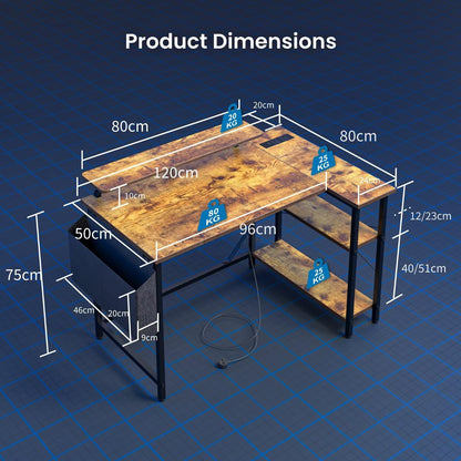 DOMSHOCT L Shaped Gaming Desk with LED Lights & Power Outlets, 120 * 80cm Corner Computer Table with Storage Bag & Adjustable Shelves & Large Monitor