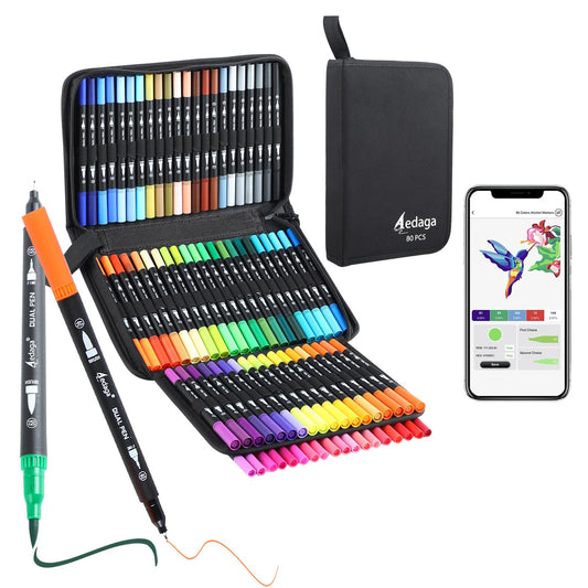 AEDAGA 80 Numbered Dual Tip Colouring Pens with Free App,Felt Tip Pens for Adult Colouring Books,Brush Markers Art Supplies for Calligraphy Drawing
