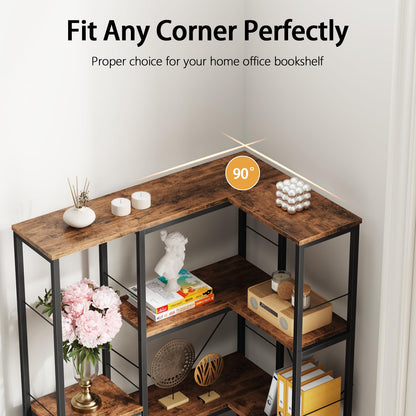 Corner Bookshelf Unit with 4 Fabric Drawers & LED Light, 5-Tier, Rustic
